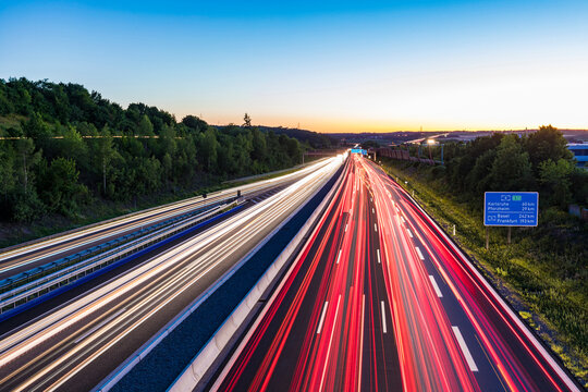 Light trails at a motorway at dusk, Leonberg, Germany