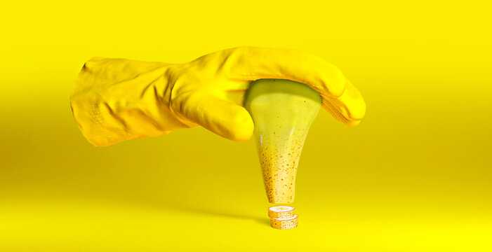 Protective glove holding genetically modified pear into banana
