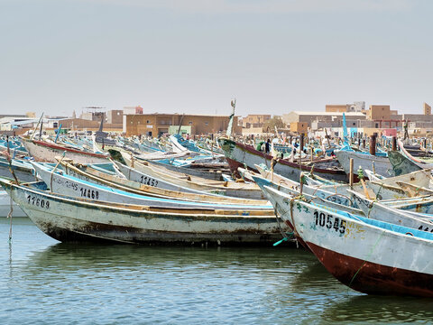 Old rowboats moored in town harbor