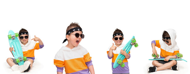 Set of children's stylish photos.Little cool skater boy wearing stylish clothes and sunglasses holds a turquoise skate in his hand and shows a thumb up.Little cool boy in stylish clothes sunglasses.