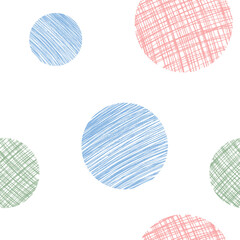 Seamless pattern with color scribbles circles. Vector abstract hand drawn background with Blue, red, green pencil circles.