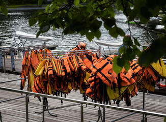 life jackets on the wharf near the boat station. High quality photo