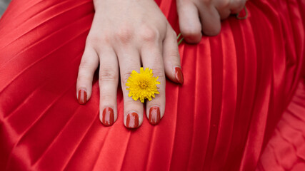 weibliche Hände mit rotem Nagellack und einer gelben Blume auf rotem Grund