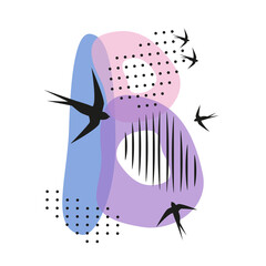 Minimalistic pattern an oriental style in form of letter B. Flock of swallows flies. Abstract objects, spots, dots, shadows in black ink and feather. Vector illustration, birds in form of hieroglyphs.