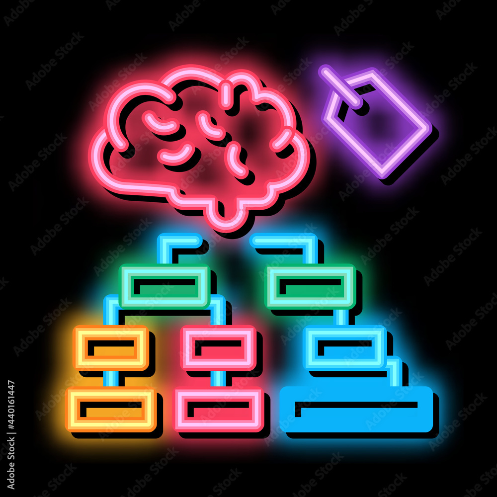 Poster brain label hierarchy chart neon light sign vector. glowing bright icon brain label hierarchy chart 