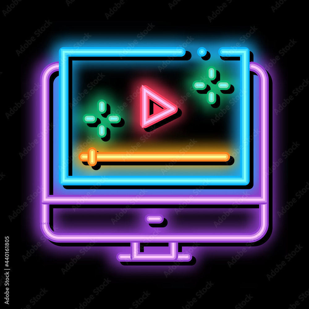 Poster video player computer screen neon light sign vector. glowing bright icon video player computer scree