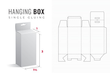 Hanging Packaging Box Die Cut One and Half Width Triple Height Template with 3D Preview - Black Editable Blueprint Layout with Cutting and Scoring Lines on Background - Draw Graphic Design