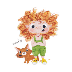 Obraz na płótnie Canvas A girl with big curly red hair and a small brown dog. Watercolor illustration 