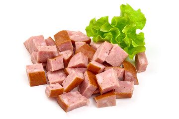 Diced smoked sausage, isolated on white background. High resolution image.