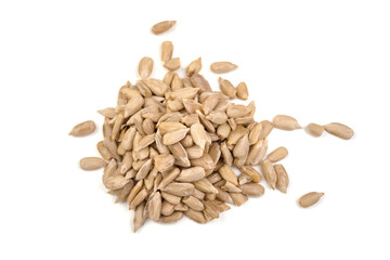 Pile of peeled sunflower seeds, isolated on white background. High resolution image.