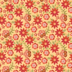 Embroidery seamless pattern with bright red flowers. Print for fabric, textile, wrapping paper.
