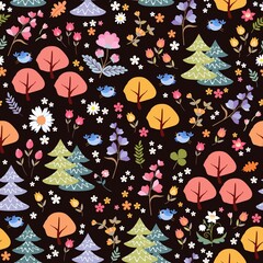 Colorful seamless pattern with fairytale forest. Trees, flowers and birds on black background. Bright textile print.