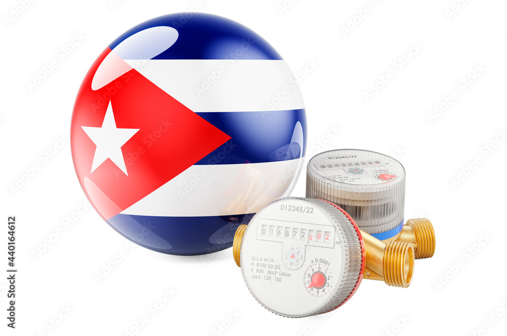 Poster water consumption in cuba. water meters with cuban flag. 3d rendering