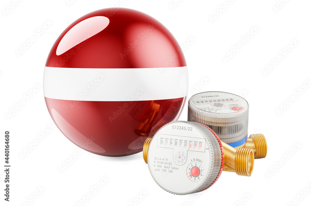 Aufkleber water consumption in latvia. water meters with latvian flag. 3d rendering
