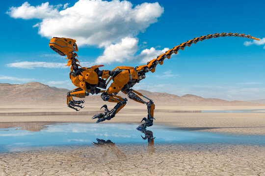 cyber raptor is walking on the desert after rain