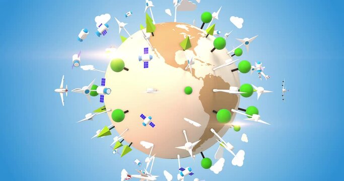 Sustainable Resources. Ecological Earth Covered By Wind Turbines. Smart Cities. 4K 3D Animation.