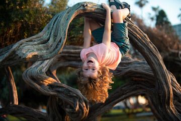 Child climbing tree. Smiling funny kid clim tree in the garden.