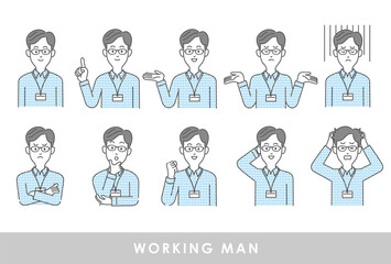 男性社員の喜怒哀楽を表現したイラストセット素材