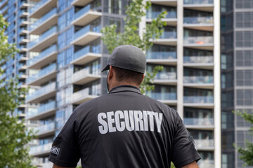 Security guard in uniform patrolling a residential area.
