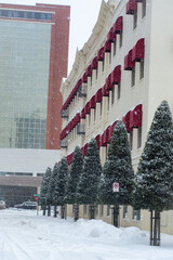 red awnings in the snow