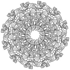 Symmetrical mandala of various mushrooms and patterns, coloring page in the form of a circle with natural and fantasy motifs
