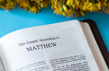Matthew Gospel from Holy Bible Book inspired by God and Jesus Christ. Life and teaching of our Savior and Messiah.  - obrazy, fototapety, plakaty