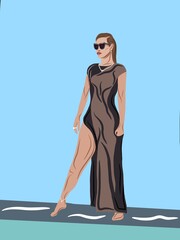 Woman in sunglasses and a evening dress. A fancy girl in a long dress. Fashion model. DIGITAL ART ILLUSTRATION