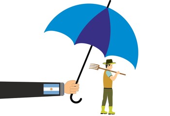 A farmer under a blue umbrella vector flat illustration. A hand of state holding a blue umbrella to supports and save farmers. Argentina government protection concept for farmers 