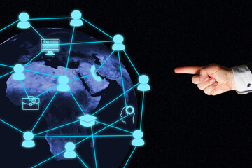 Global network, social networks or networked world, with icons symbolizing the range of services and development opportunities available.
