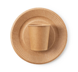 Disposable paper cups and plates on a white background. Zero-waste concept.
