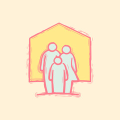 Hand drawing family inside the house doodle icon.