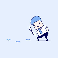 Businessman holding a magnifying glass follow dollar coins. Cartoon character thin line style vector.