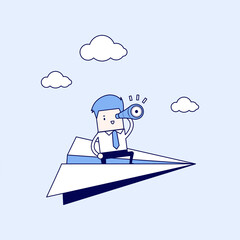 Businessman is flying while using telescope. Cartoon character thin line style vector.