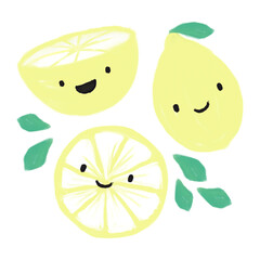 Lemon fruit Cute cartoon illustration Summer citrus object collection Whole cut in half sliced on pieces lemons
