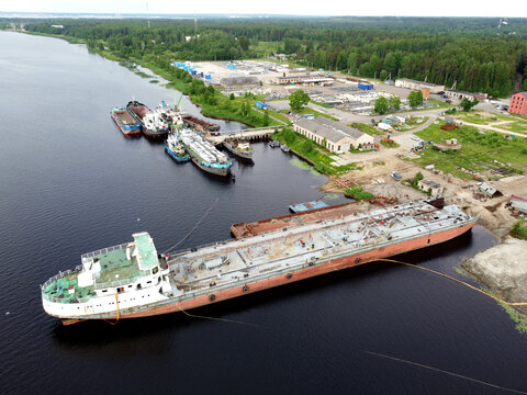 ship for recycling at Ust-Luga shipyard aerial photo on a summer day