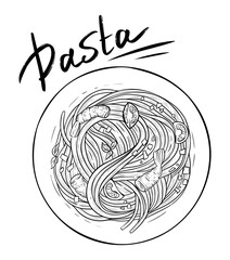 Pasta wirh shrimps and tomatoes, monochrome, vector