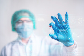 A doctor in blue gloves holding a vaccine bottle with transparent futuristic screen. Innovation...
