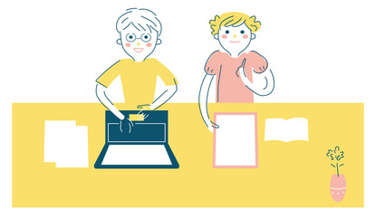 パソコン、タブレットなどOA機器で学ぶ子どもたち　イラスト素材