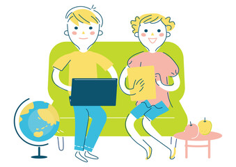 パソコン、タブレットなどOA機器で学ぶ子どもたち　イラスト素材				
