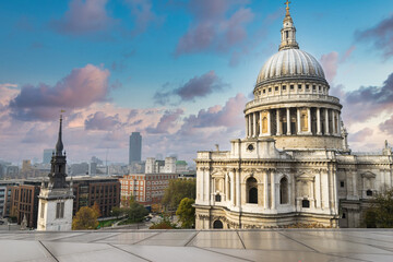 Dome of St Paul's cathedral at sunrise in London. England