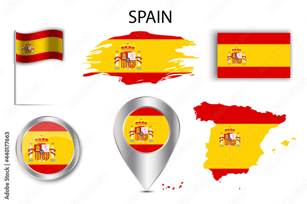 Poster 3d button with colorful flag pin set spain. destination icon. map pin icon. vector illustration. sto