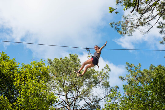 Pretty Young Woman In An Extreme Tree Climbing Course