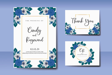 Wedding invitation Blue Rose and Peony Flower design Invitation Card Template