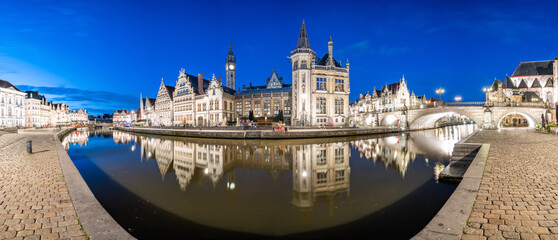 Panorama of Graslei, Korenlei quays and Leie river in the historic city center in Ghent (Gent),...