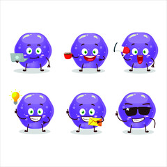 Jelly sweets candy purple cartoon character with various types of business emoticons. Vector illustration