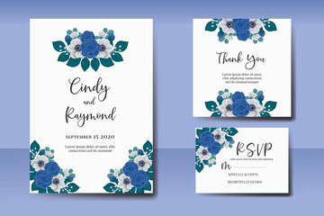 Fototapeta na wymiar Wedding invitation Blue Rose and Peony Flower design Invitation Card Template