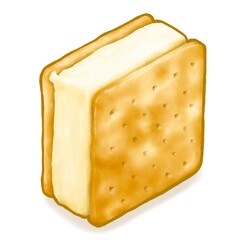Ice cream cracker sandwich, a digital painting of square biscuits with vanilla ice cream dessert raster 3D illustration isolated on white background.