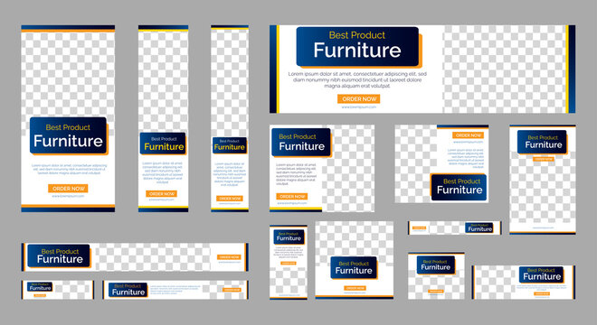 Set of Furniture Sale banners with standard web sizes. Business banners template with place for images. Vertical, Horizontal and Rectangle Banners design for ad, flyer, poster, social media.