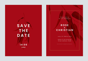 Minimalist foliage wedding invitation card template design, black eucalyptus leaves on red