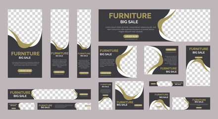 Set of Furniture Sale banners with standard web sizes. Business banners template with place for images. Vertical, Horizontal and Rectangle Banners design for ad, flyer, poster, social media.
